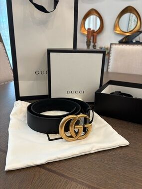 Gucci Wide Black Leather Belt with Gold Double G Logo Buckle